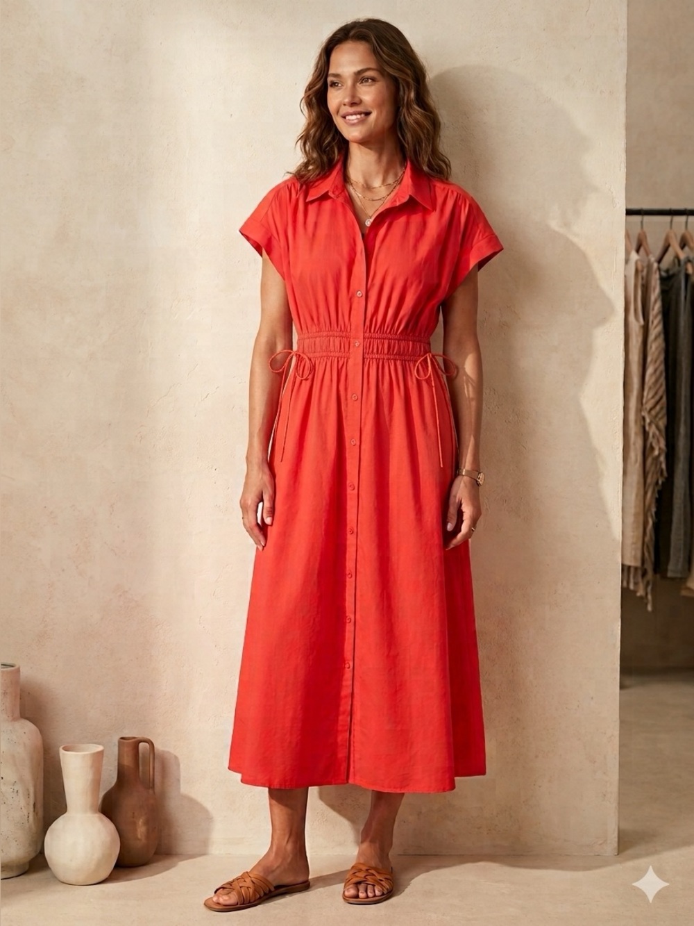 JODIFL Orange Midi Shirtdress with Drawstring Waist